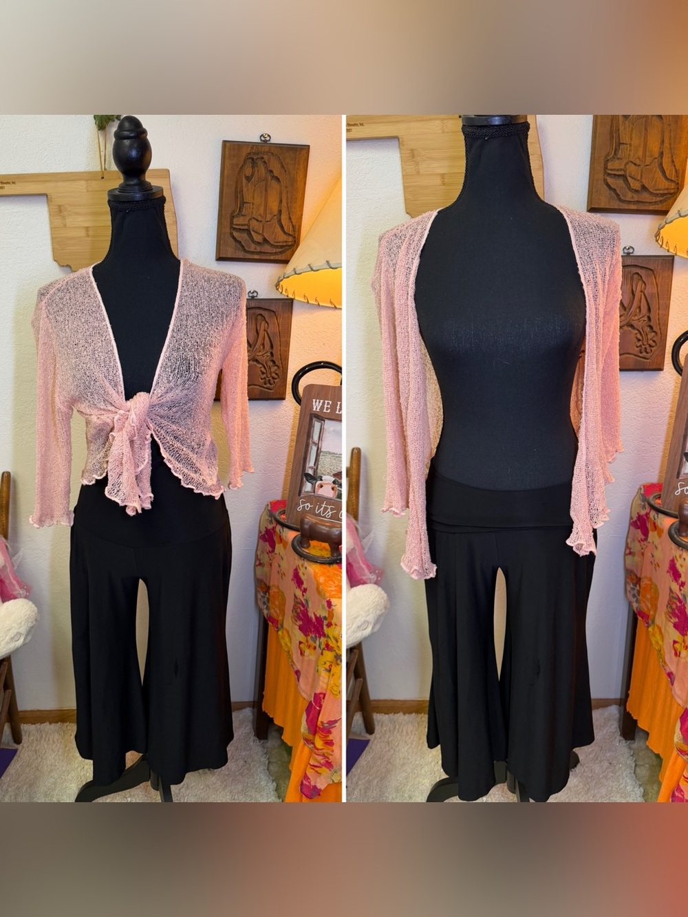 Y2K Pink Mesh Fairy Top Tie Front Lettuce Hem Flare Sleeve Sheer Romantic W/Pant